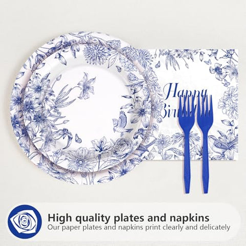 96 Pcs Blue Flower Birthday Party Plates and Napkins - Grencian
