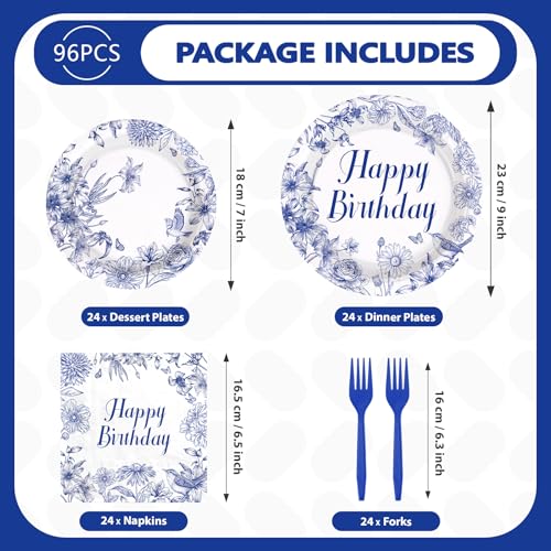 96 Pcs Blue Flower Birthday Party Plates and Napkins - Grencian