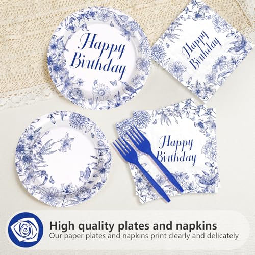 96 Pcs Blue Flower Birthday Party Plates and Napkins - Grencian