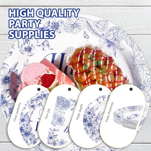 96 Pcs Blue Flower Birthday Party Plates and Napkins - Grencian