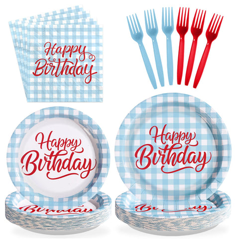 96 Pcs Blue Gingham Birthday Party Plates and Napkins - Grencian