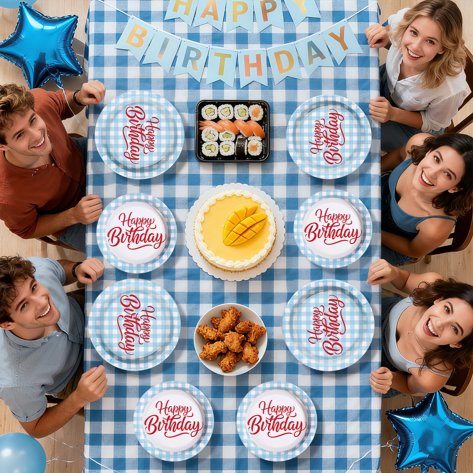 96 Pcs Blue Gingham Birthday Party Plates and Napkins - Grencian