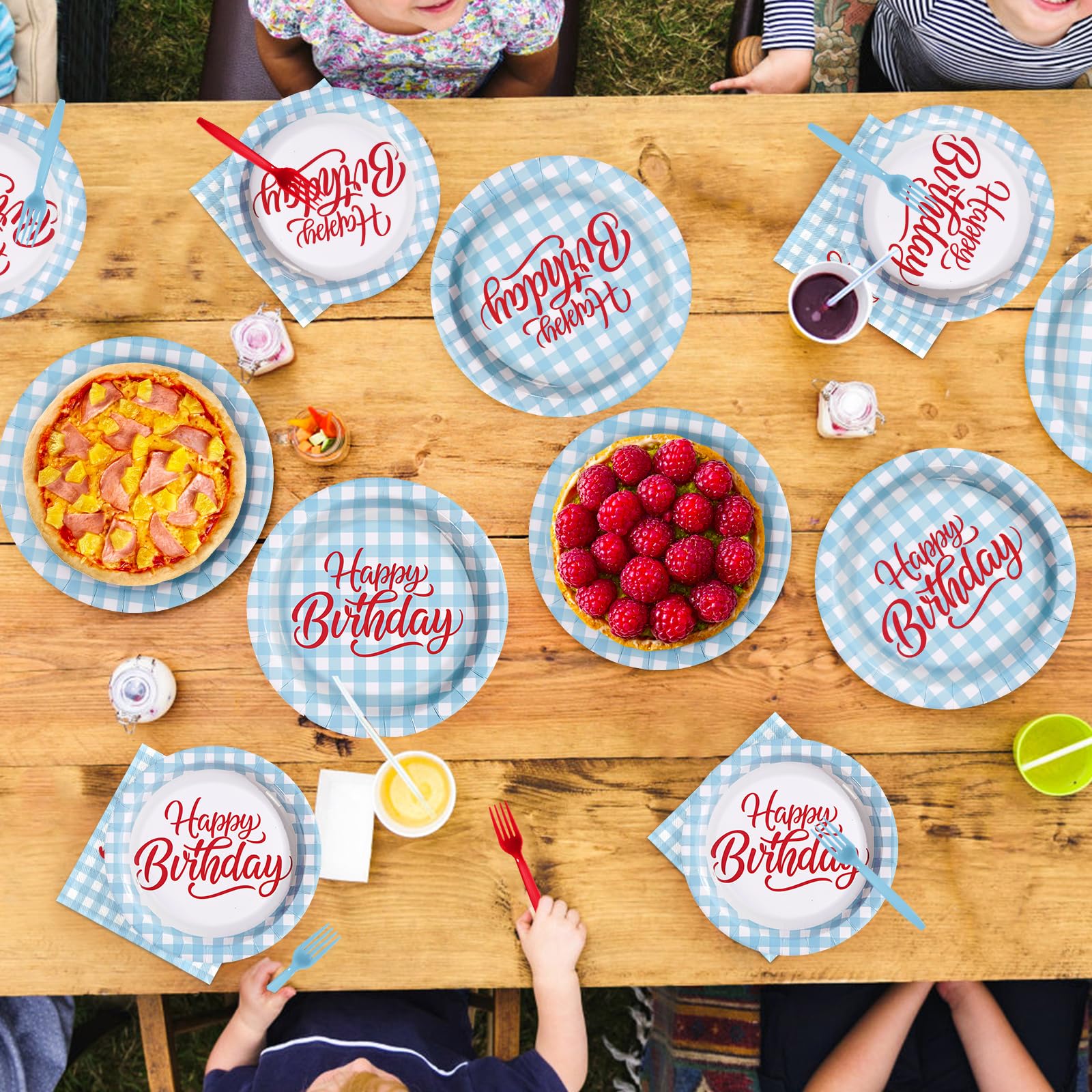 96 Pcs Blue Gingham Birthday Party Plates and Napkins - Grencian