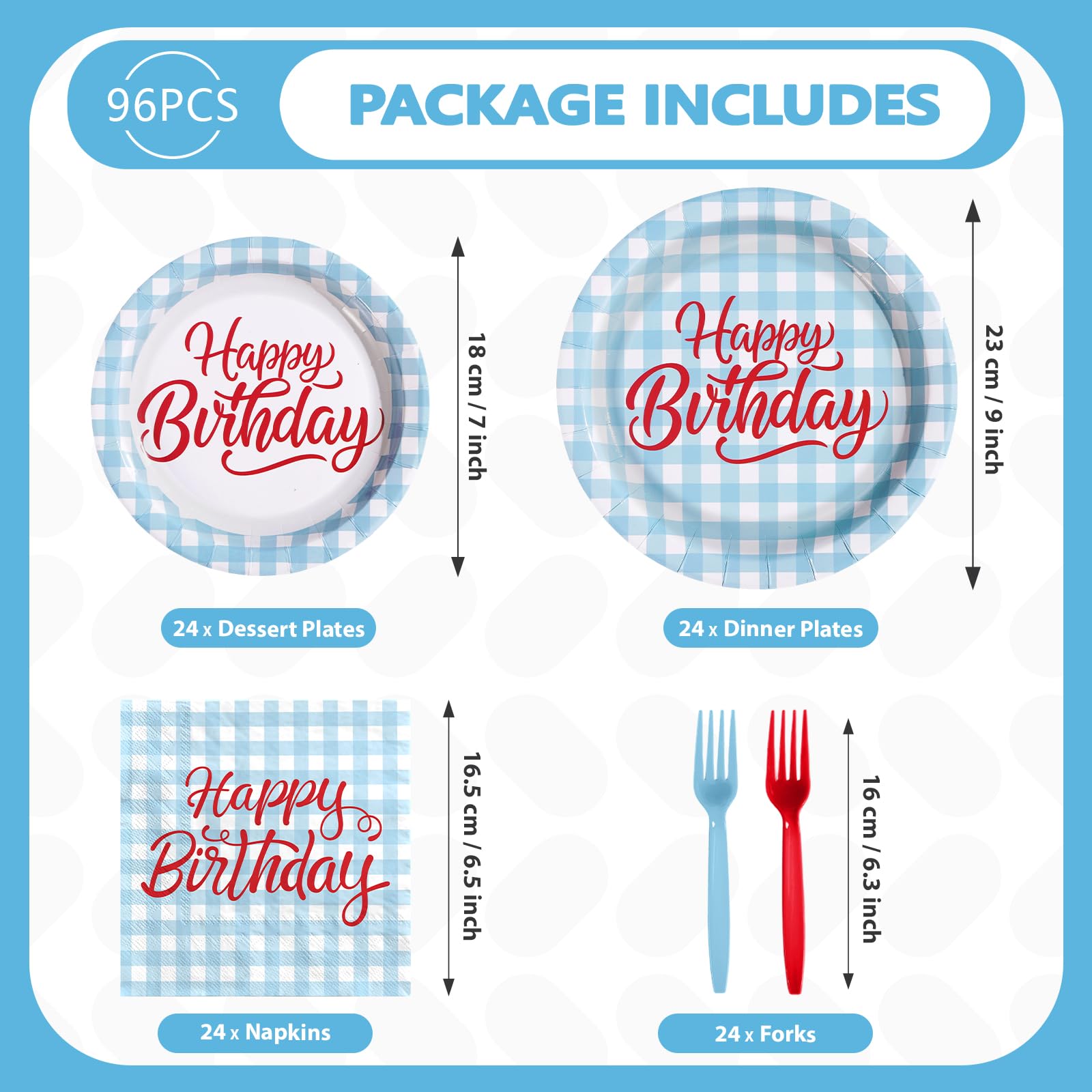 96 Pcs Blue Gingham Birthday Party Plates and Napkins - Grencian