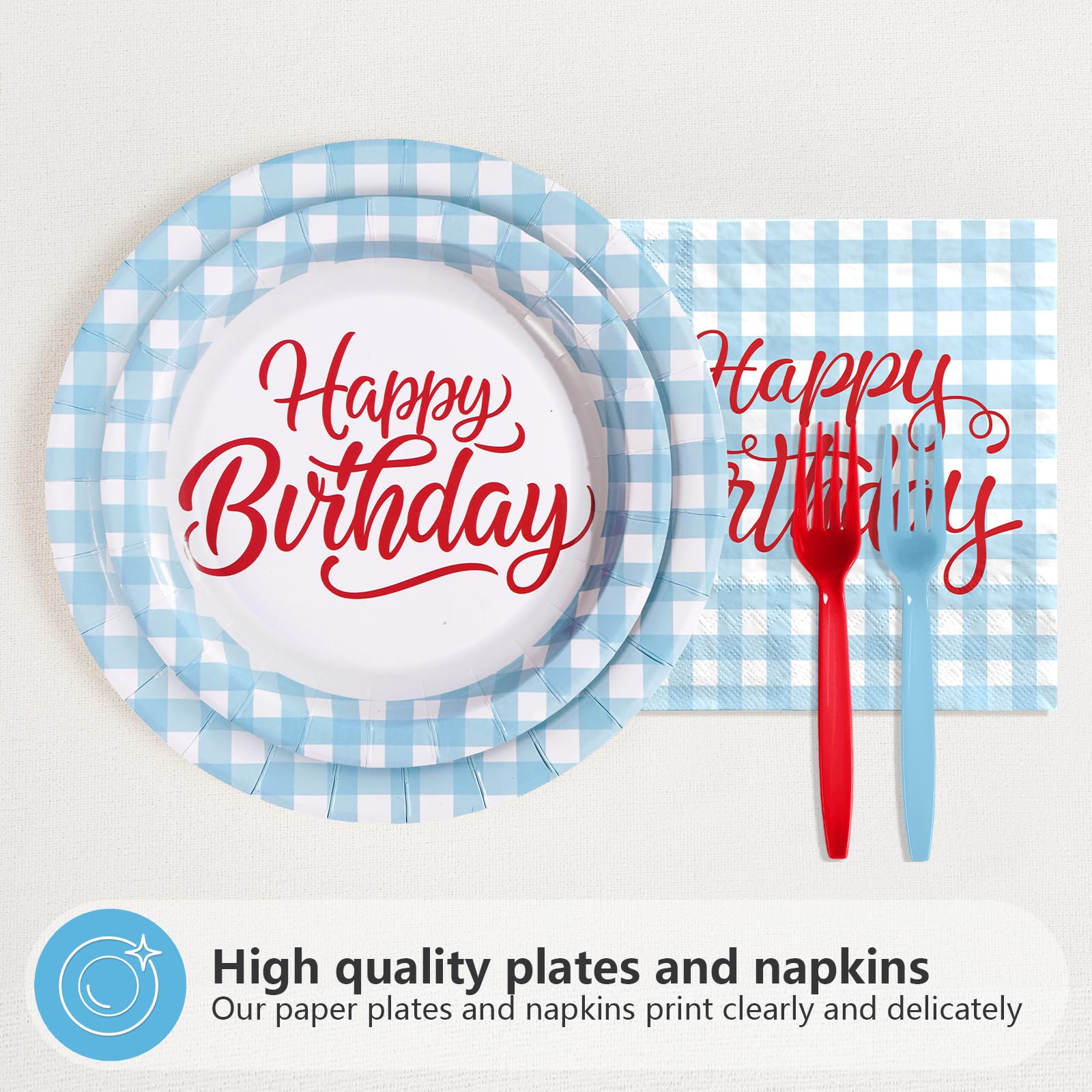 96 Pcs Blue Gingham Birthday Party Plates and Napkins - Grencian