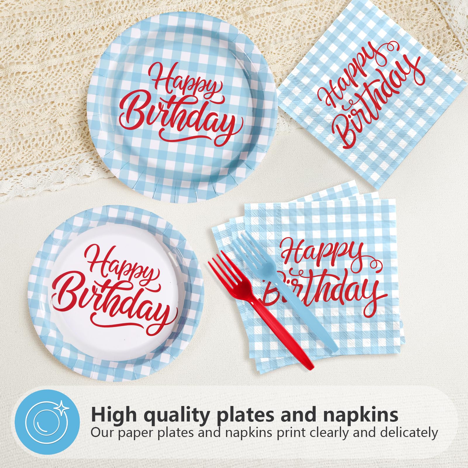 96 Pcs Blue Gingham Birthday Party Plates and Napkins - Grencian