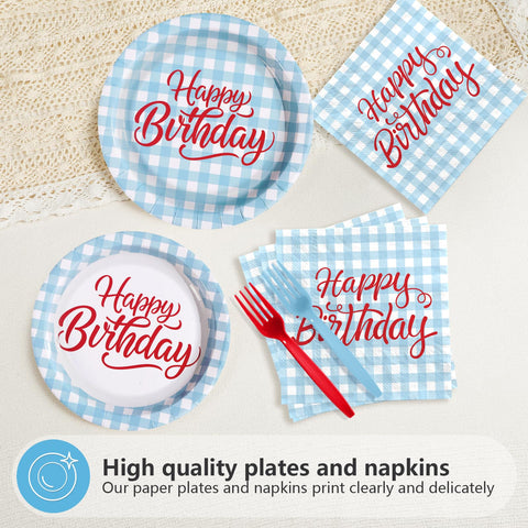 96 Pcs Blue Gingham Birthday Party Plates and Napkins - Grencian
