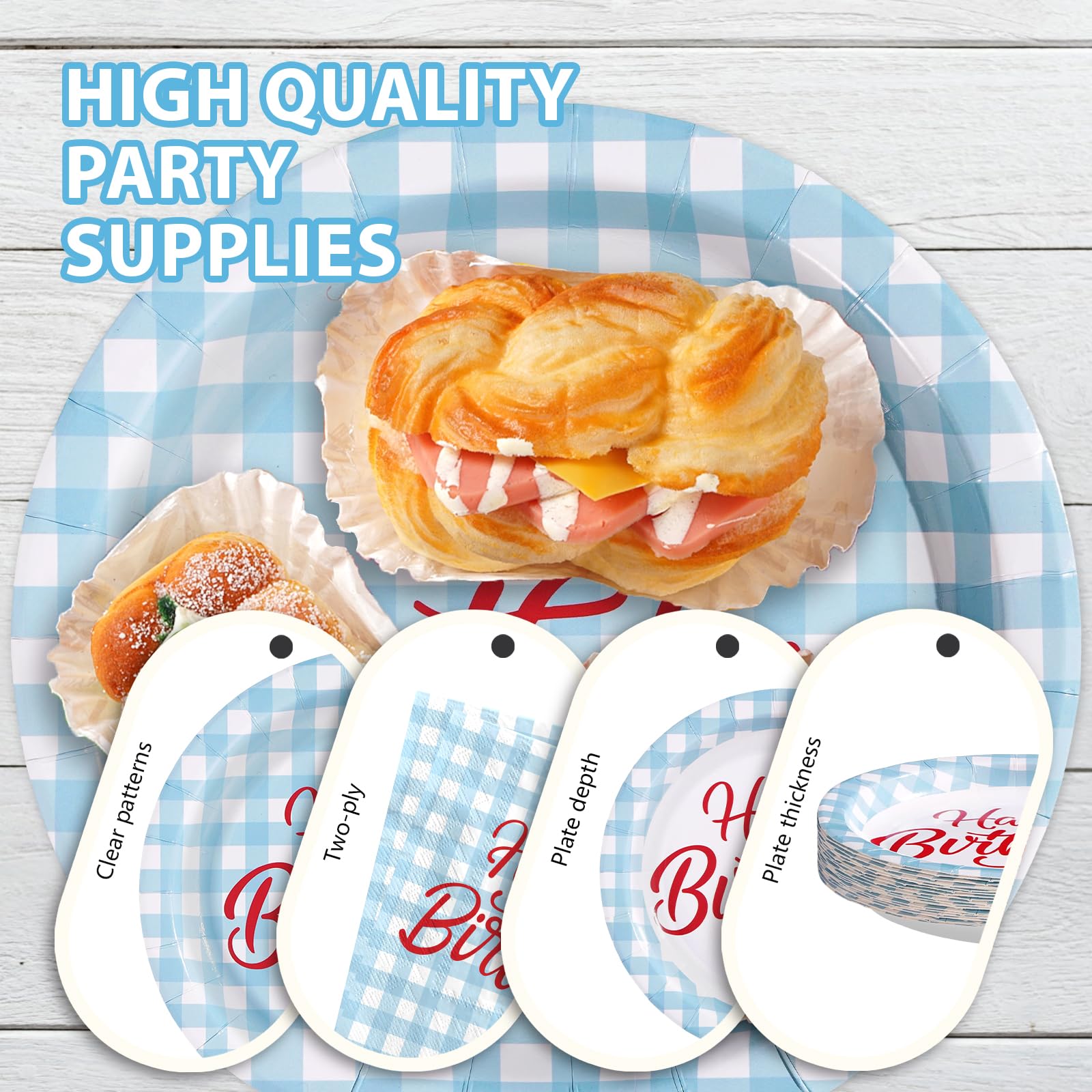 96 Pcs Blue Gingham Birthday Party Plates and Napkins - Grencian