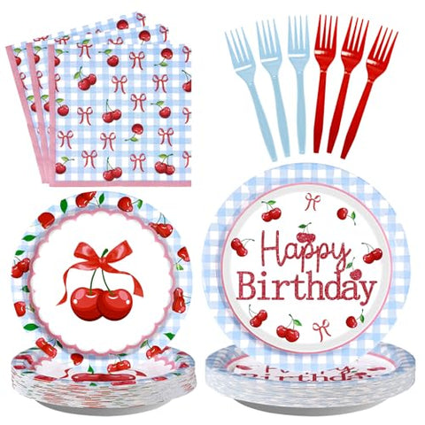 96 Pcs Blue Gingham Cherry Birthday Party Plates and Napkins - Grencian
