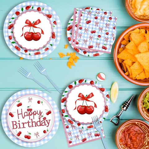 96 Pcs Blue Gingham Cherry Birthday Party Plates and Napkins - Grencian