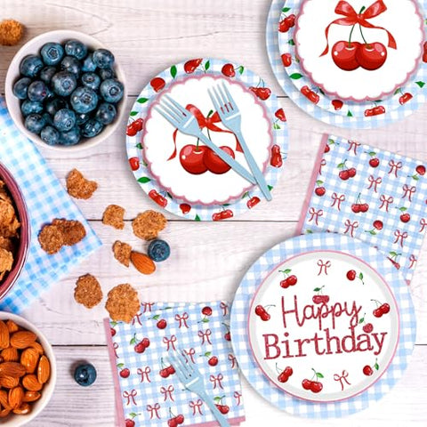 96 Pcs Blue Gingham Cherry Birthday Party Plates and Napkins - Grencian
