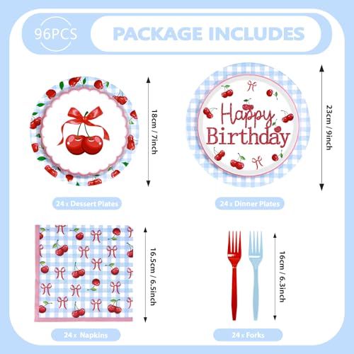96 Pcs Blue Gingham Cherry Birthday Party Plates and Napkins - Grencian