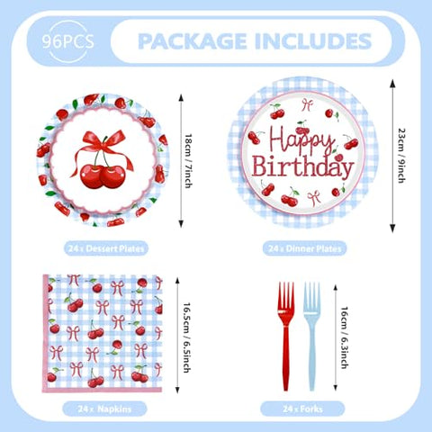 96 Pcs Blue Gingham Cherry Birthday Party Plates and Napkins - Grencian