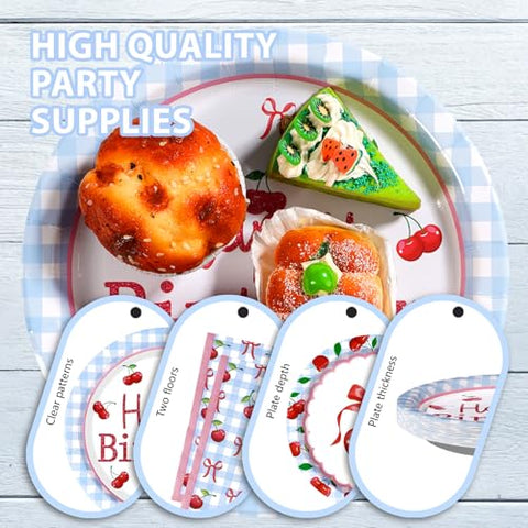 96 Pcs Blue Gingham Cherry Birthday Party Plates and Napkins - Grencian