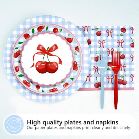 96 Pcs Blue Gingham Cherry Birthday Party Plates and Napkins - Grencian