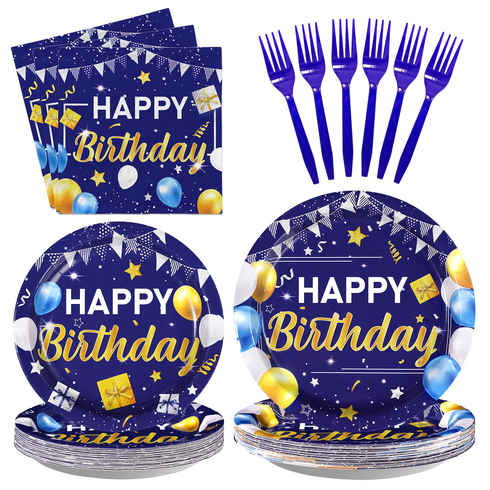 96 Pcs Blue Gold Birthday Party Plates and Napkins - Grencian