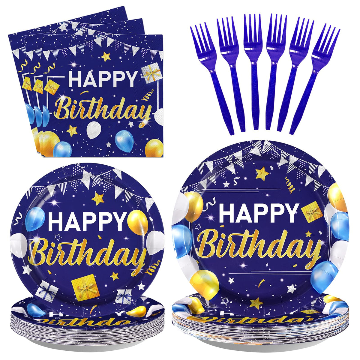 96 Pcs Blue Gold Birthday Party Plates and Napkins - Grencian