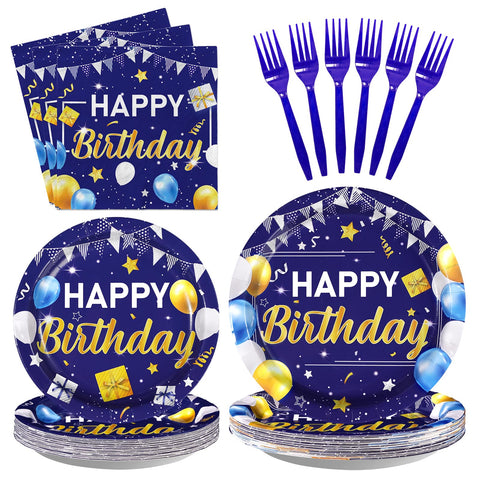 96 Pcs Blue Gold Birthday Party Plates and Napkins - Grencian