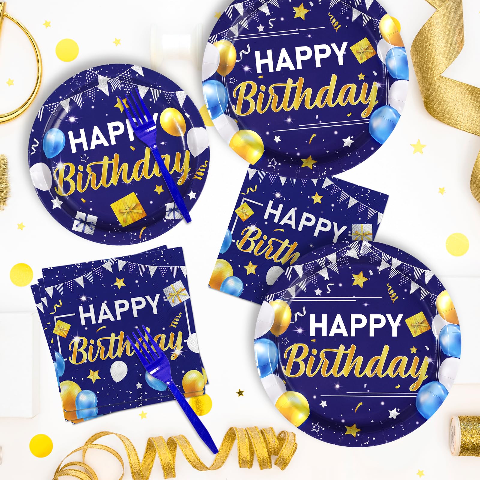 96 Pcs Blue Gold Birthday Party Plates and Napkins - Grencian