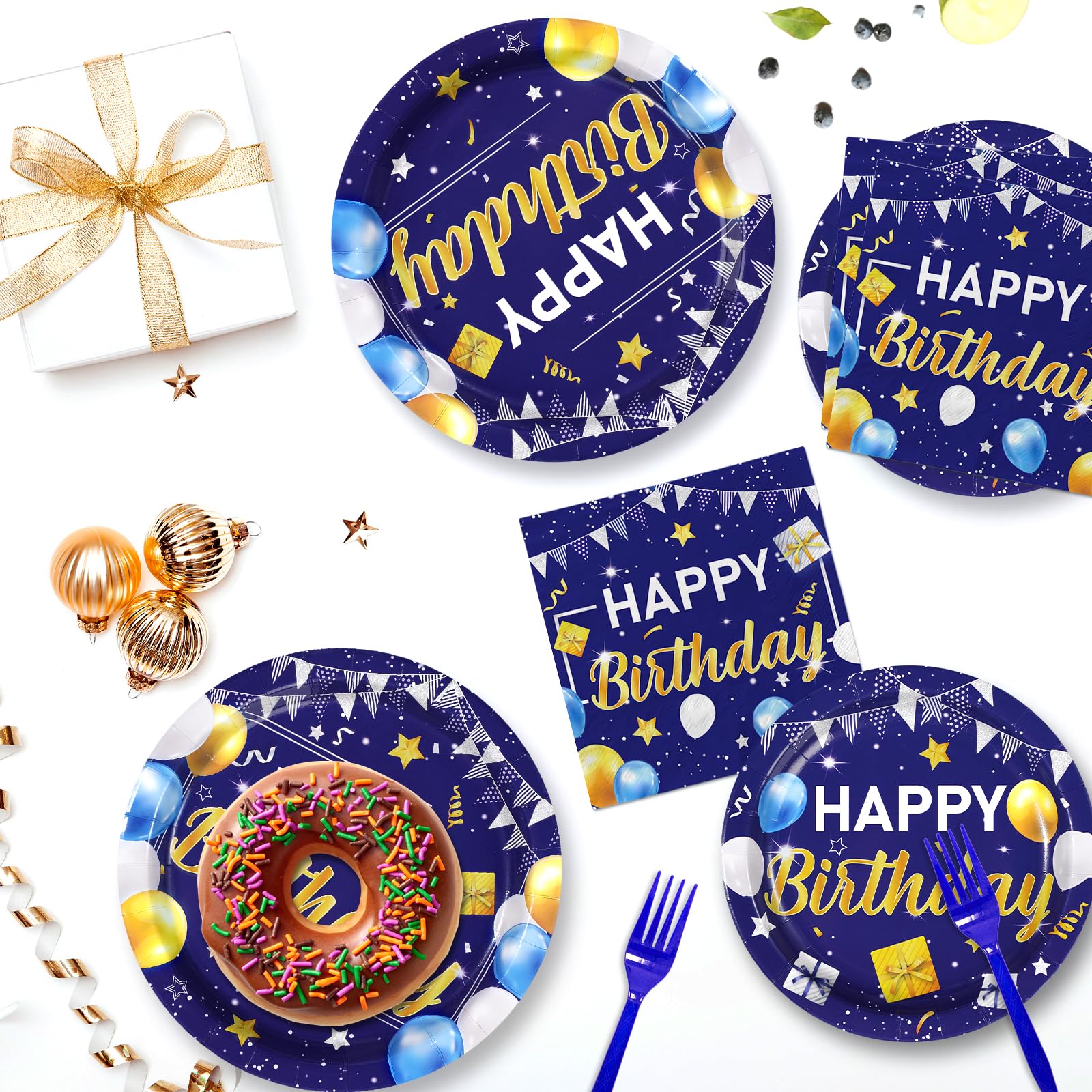 96 Pcs Blue Gold Birthday Party Plates and Napkins - Grencian