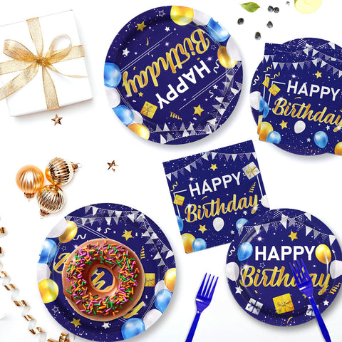 96 Pcs Blue Gold Birthday Party Plates and Napkins - Grencian