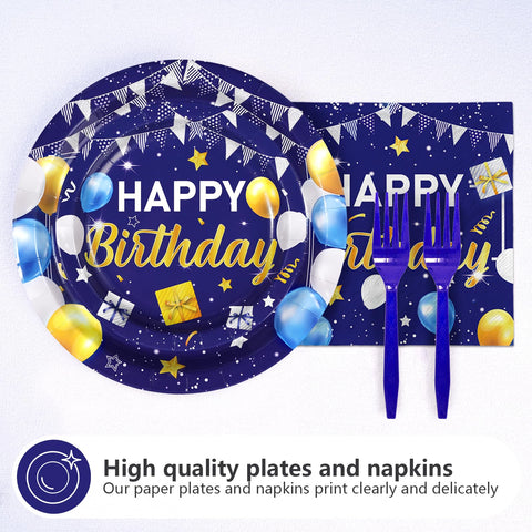 96 Pcs Blue Gold Birthday Party Plates and Napkins - Grencian