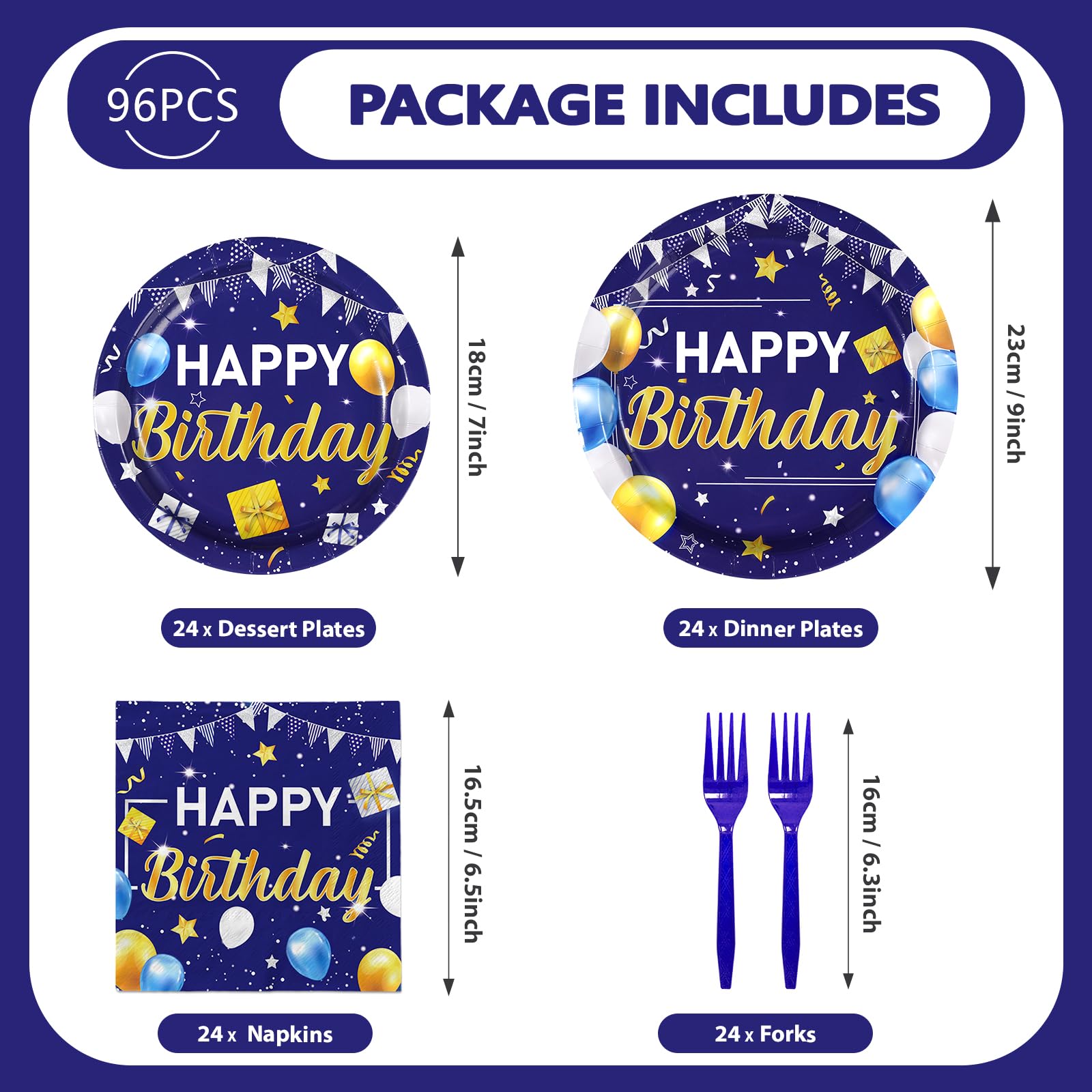 96 Pcs Blue Gold Birthday Party Plates and Napkins - Grencian