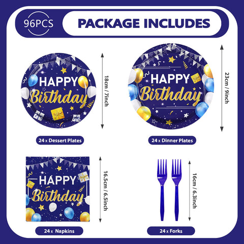 96 Pcs Blue Gold Birthday Party Plates and Napkins - Grencian