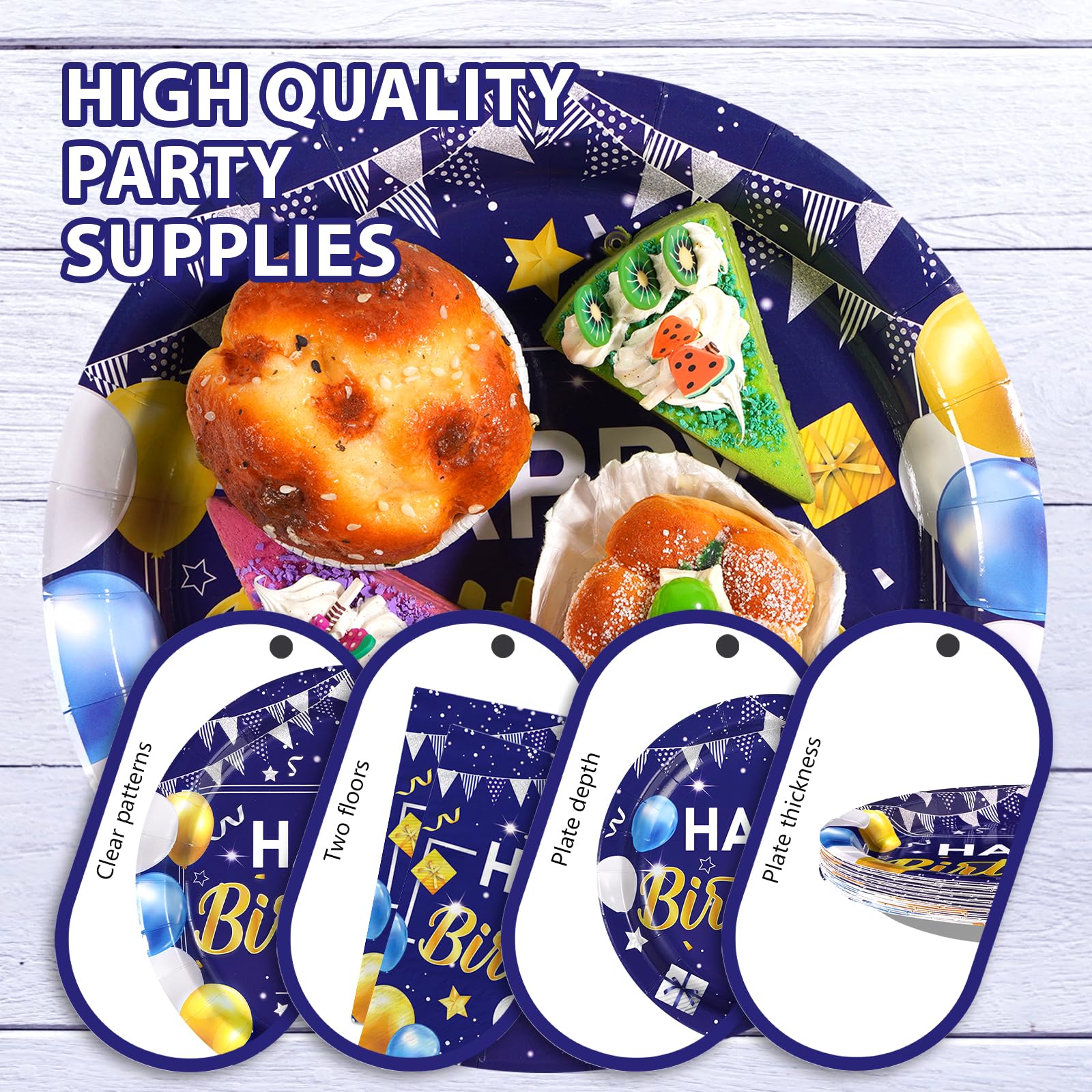 96 Pcs Blue Gold Birthday Party Plates and Napkins - Grencian