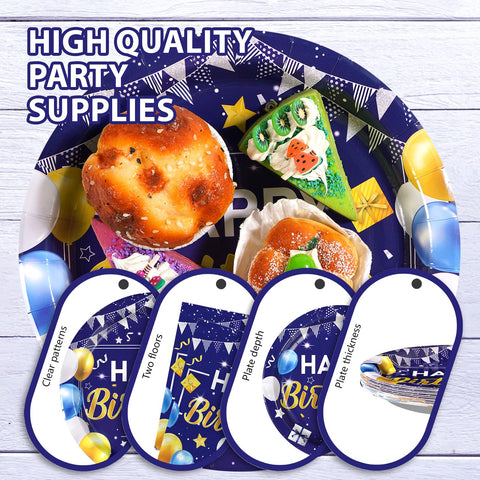 96 Pcs Blue Gold Birthday Party Plates and Napkins - Grencian