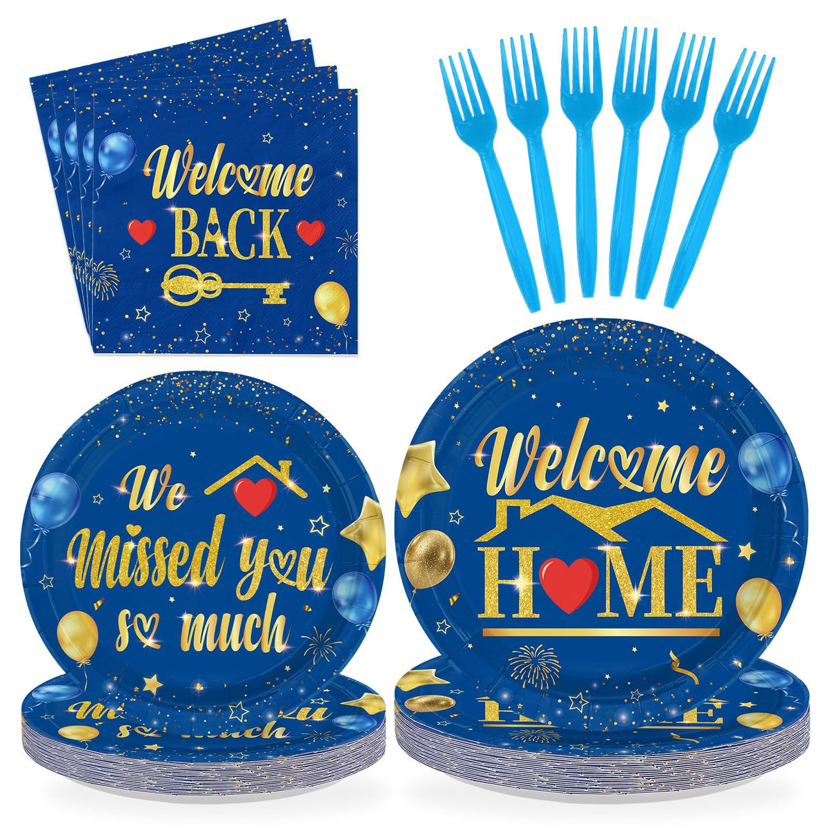 96 Pcs Blue Gold Welcome Home Party Plates and Napkins - Grencian