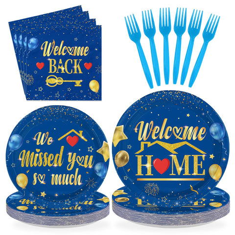 96 Pcs Blue Gold Welcome Home Party Plates and Napkins - Grencian