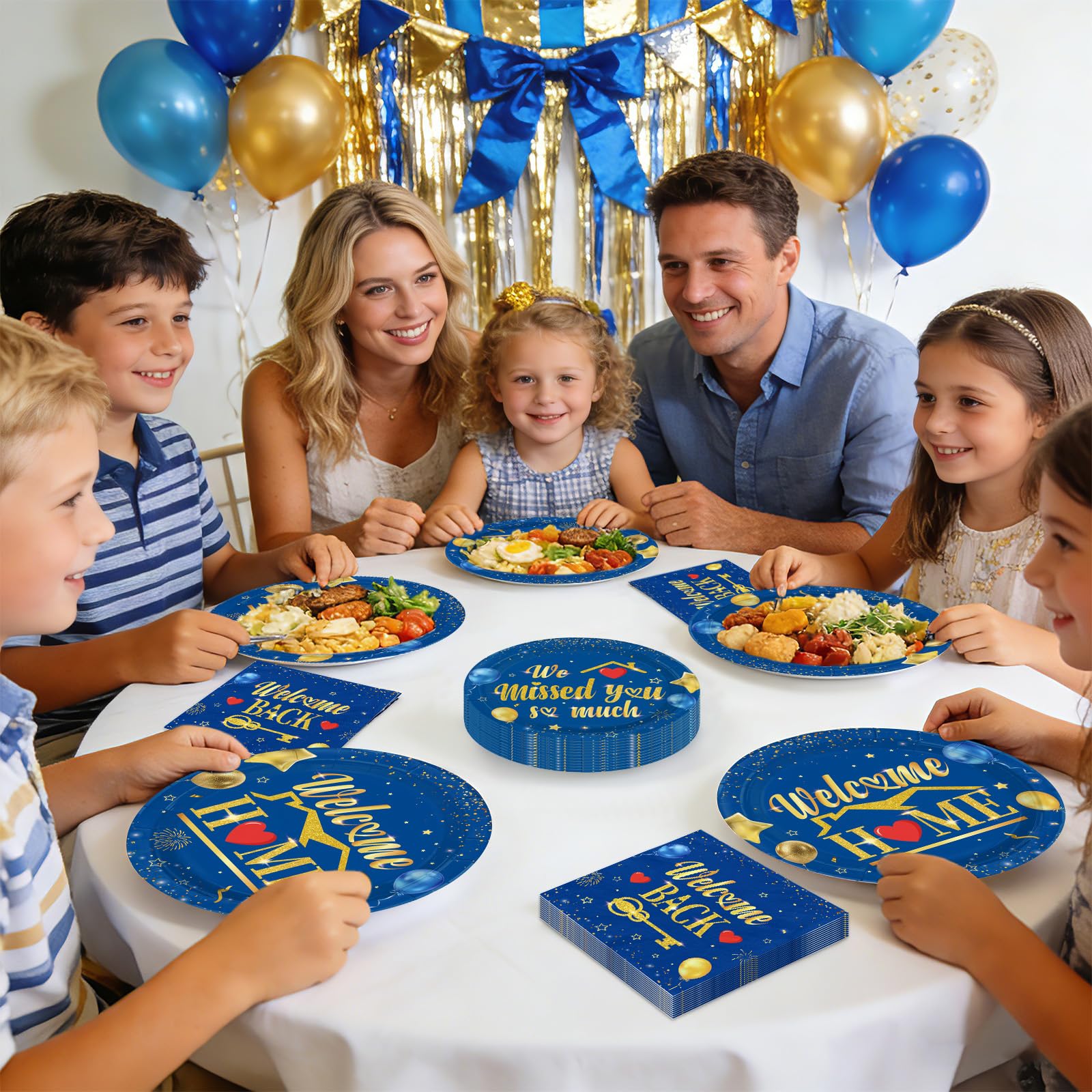 96 Pcs Blue Gold Welcome Home Party Plates and Napkins - Grencian