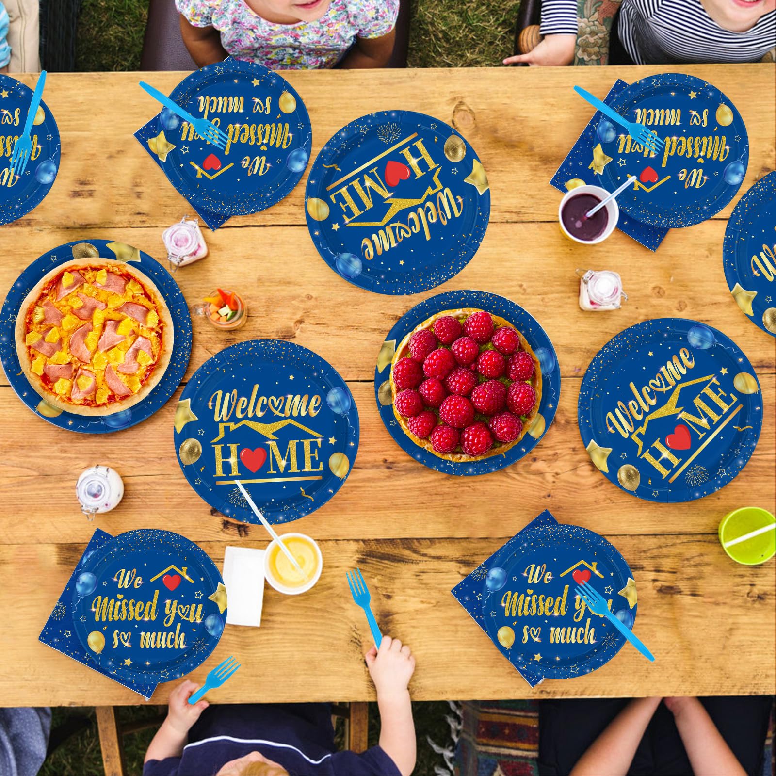 96 Pcs Blue Gold Welcome Home Party Plates and Napkins - Grencian