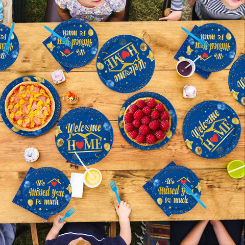 96 Pcs Blue Gold Welcome Home Party Plates and Napkins - Grencian