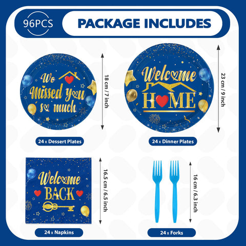 96 Pcs Blue Gold Welcome Home Party Plates and Napkins - Grencian