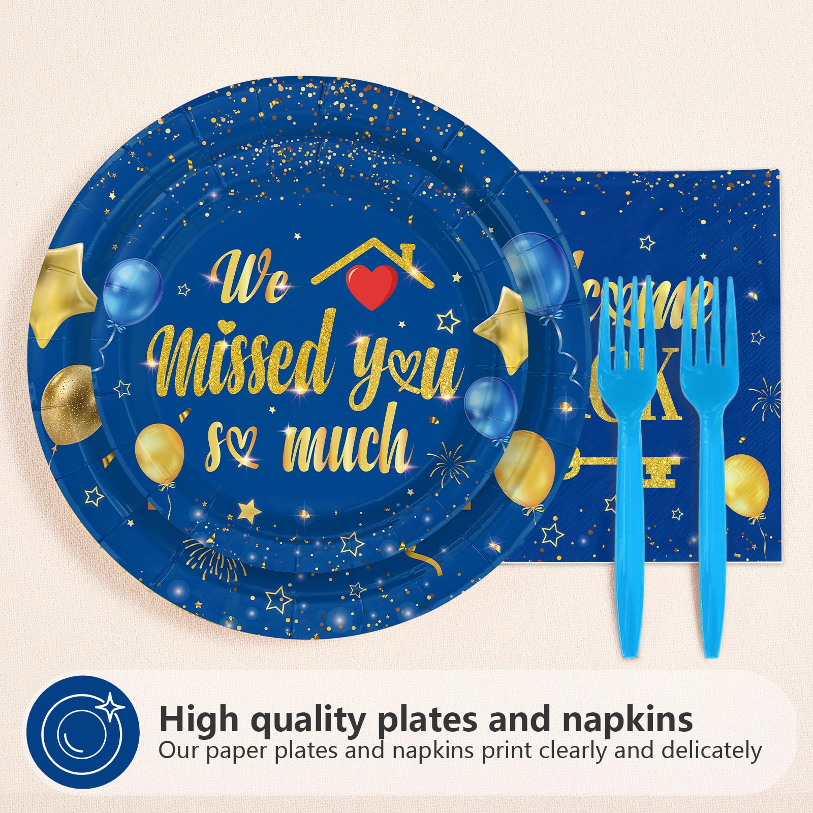 96 Pcs Blue Gold Welcome Home Party Plates and Napkins - Grencian