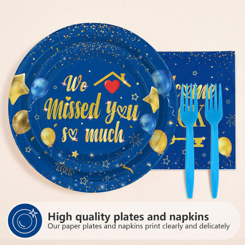 96 Pcs Blue Gold Welcome Home Party Plates and Napkins - Grencian