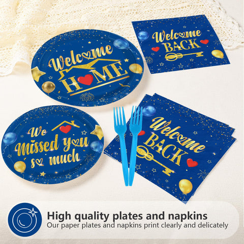 96 Pcs Blue Gold Welcome Home Party Plates and Napkins - Grencian