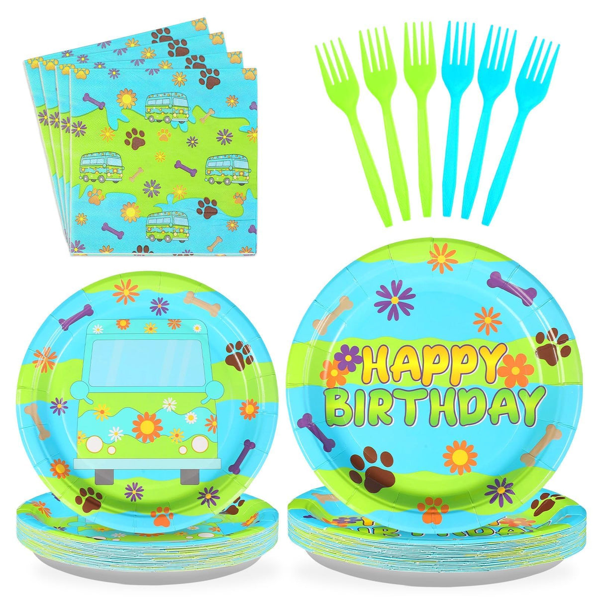 96 Pcs Blue Green Cartoon Birthday Party Plates and Napkins - Grencian
