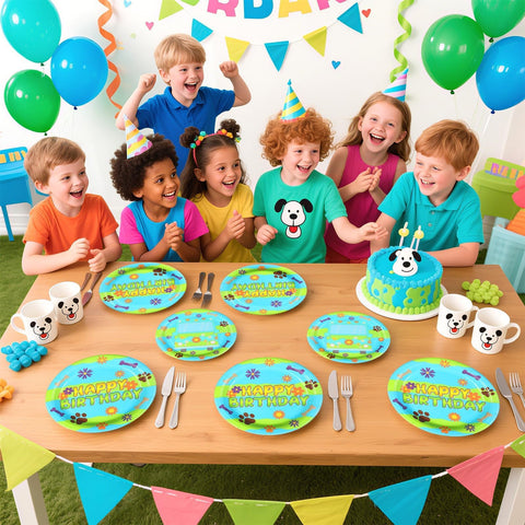 96 Pcs Blue Green Cartoon Birthday Party Plates and Napkins - Grencian