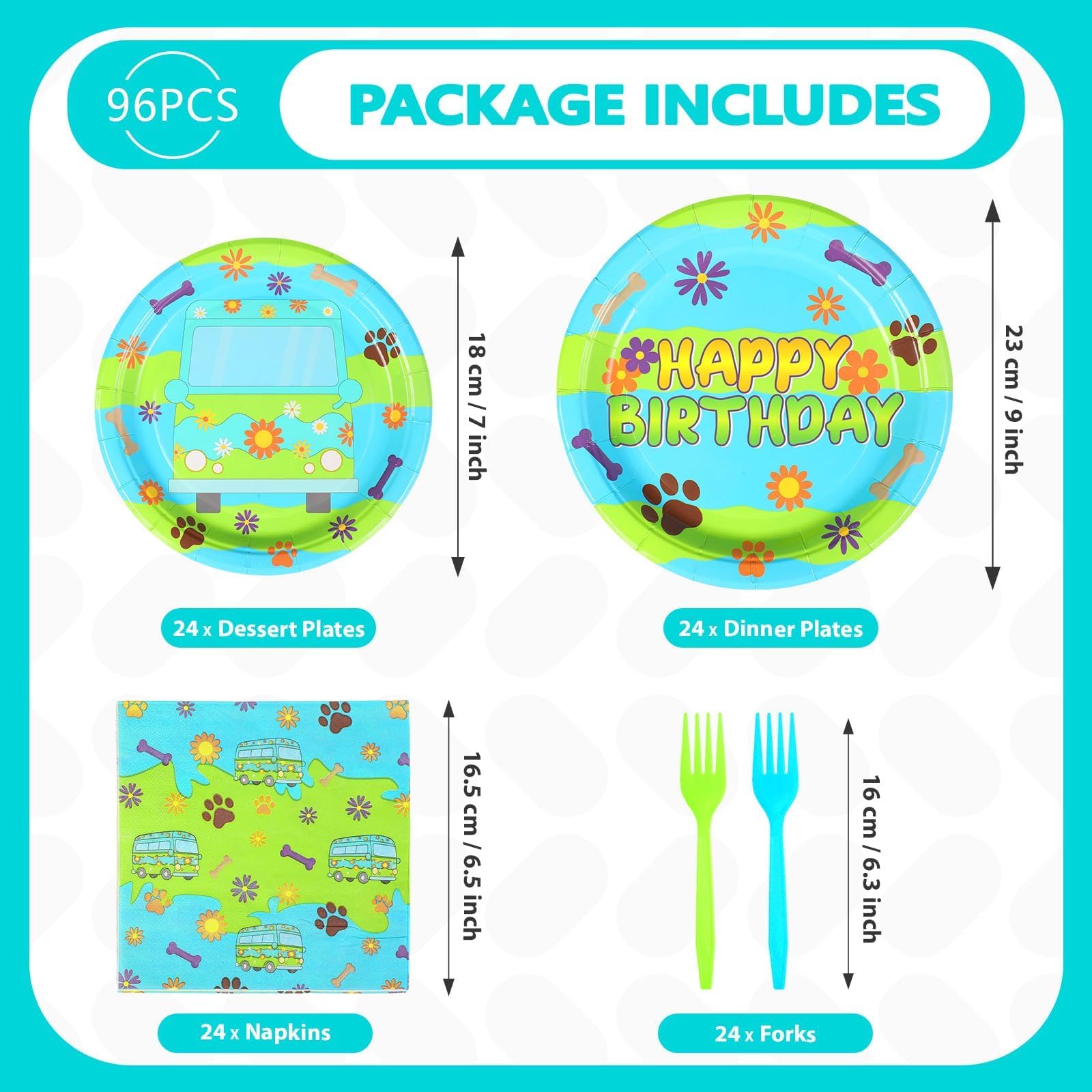 96 Pcs Blue Green Cartoon Birthday Party Plates and Napkins - Grencian