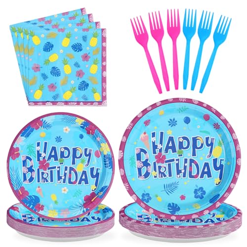 96 Pcs Blue Hawaiian Birthday Party Plates and Napkins - Grencian
