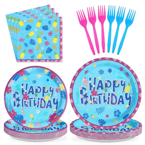 96 Pcs Blue Hawaiian Birthday Party Plates and Napkins - Grencian
