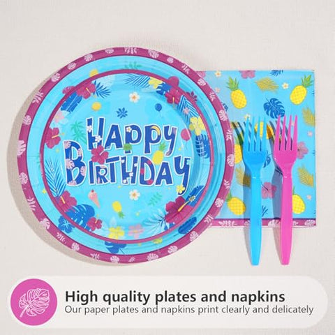 96 Pcs Blue Hawaiian Birthday Party Plates and Napkins - Grencian