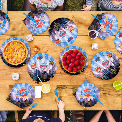 96 Pcs Blue Hero Party Plates and Napkins - Grencian