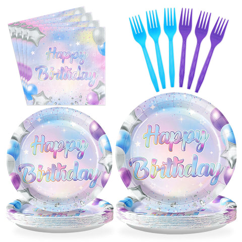 96 Pcs Blue Iridescent Birthday Party Plates and Napkins - Grencian