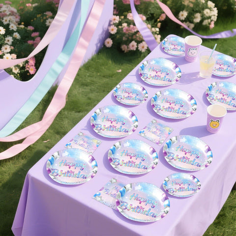 96 Pcs Blue Iridescent Birthday Party Plates and Napkins - Grencian