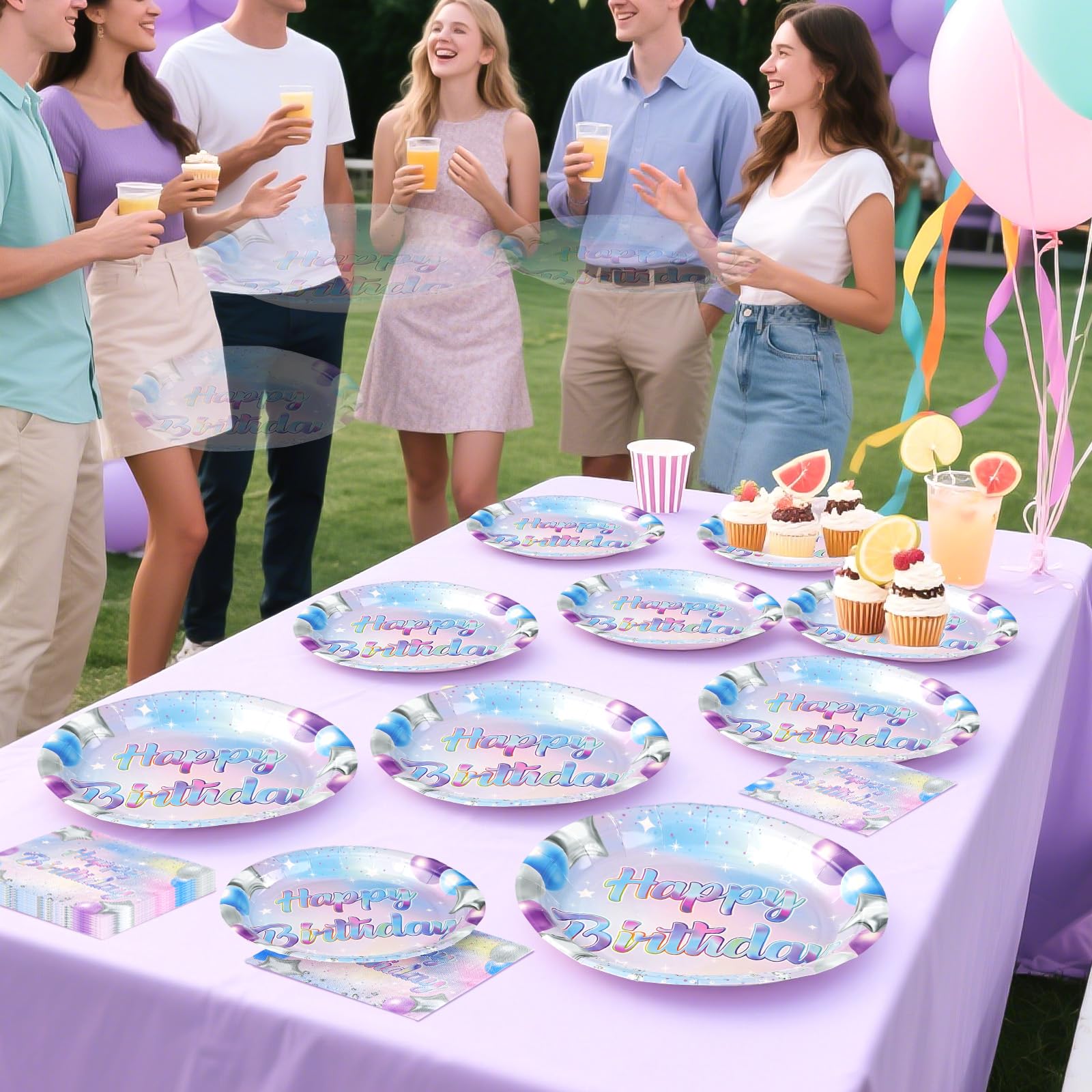 96 Pcs Blue Iridescent Birthday Party Plates and Napkins - Grencian