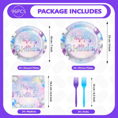 96 Pcs Blue Iridescent Birthday Party Plates and Napkins - Grencian